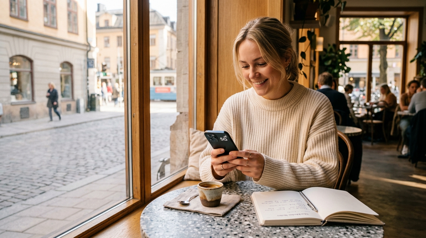 Kvinna på café i Stockholm med full 5G-täckning i mobilen